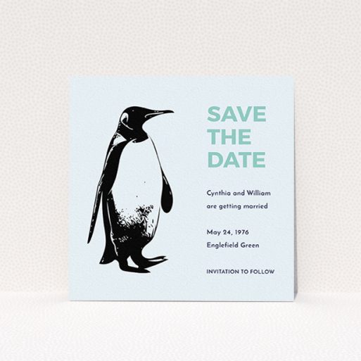 A wedding save the date card design called "My little penguin". It is a square (148mm x 148mm) card in a square orientation. "My little penguin" is available as a flat card, with tones of blue and green.