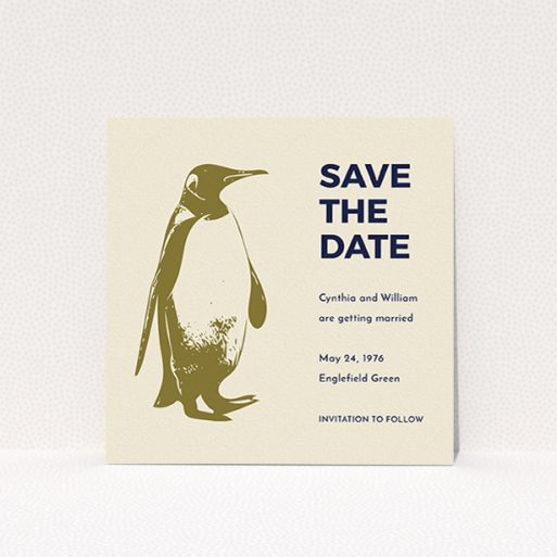 A wedding save the date card called "My little penguin". It is a square (148mm x 148mm) card in a square orientation. "My little penguin" is available as a flat card, with mainly dark cream colouring.