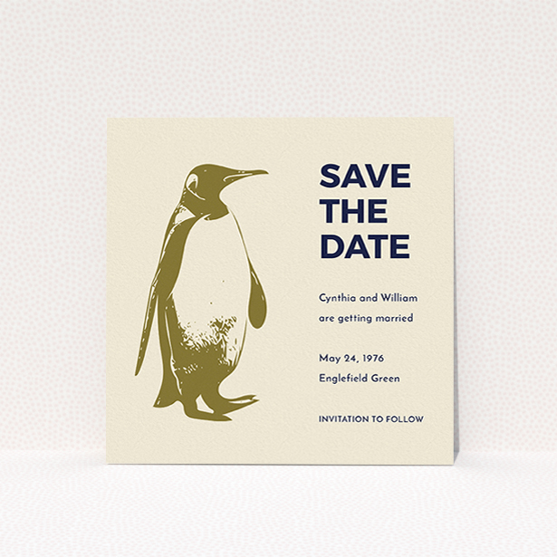 A wedding save the date card called "My little penguin". It is a square (148mm x 148mm) card in a square orientation. "My little penguin" is available as a flat card, with mainly dark cream colouring.