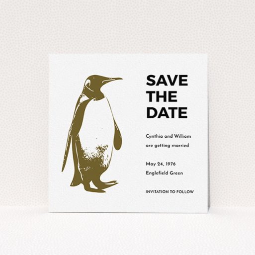 A wedding save the date card design called "My little penguin". It is a square (148mm x 148mm) card in a square orientation. "My little penguin" is available as a flat card, with tones of dark gold and black.