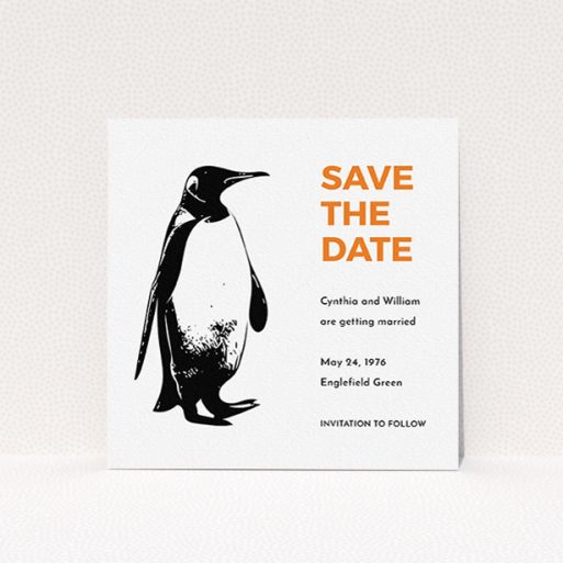 A wedding save the date card design titled "My little penguin". It is a square (148mm x 148mm) card in a square orientation. "My little penguin" is available as a flat card, with tones of orange and black.