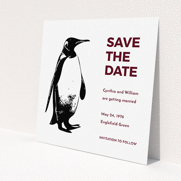 A wedding save the date card called 'My little penguin'. It is a square (148mm x 148mm) card in a square orientation. 'My little penguin' is available as a flat card, with tones of black and burgundy.