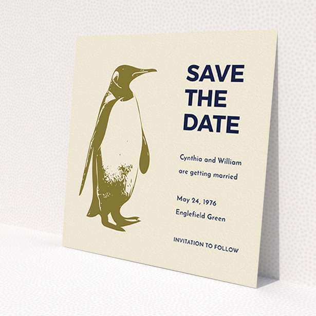 A wedding save the date card called 'My little penguin'. It is a square (148mm x 148mm) card in a square orientation. 'My little penguin' is available as a flat card, with mainly dark cream colouring.