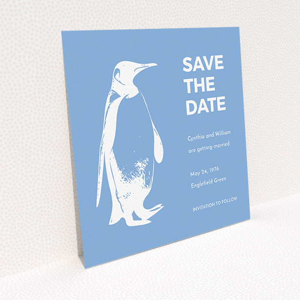 A wedding save the date card template titled "My little penguin". It is a square (148mm x 148mm) card in a square orientation. "My little penguin" is available as a flat card, with tones of blue and white.
