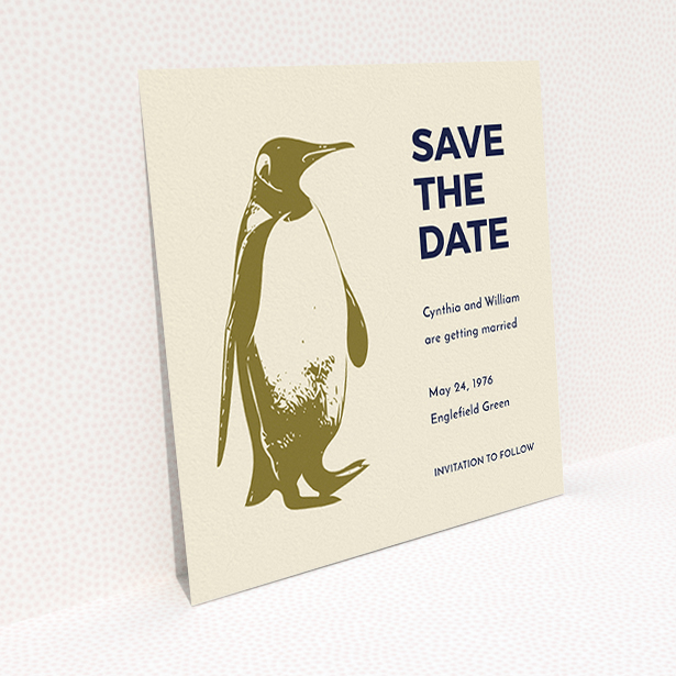 A wedding save the date card called "My little penguin". It is a square (148mm x 148mm) card in a square orientation. "My little penguin" is available as a flat card, with mainly dark cream colouring.