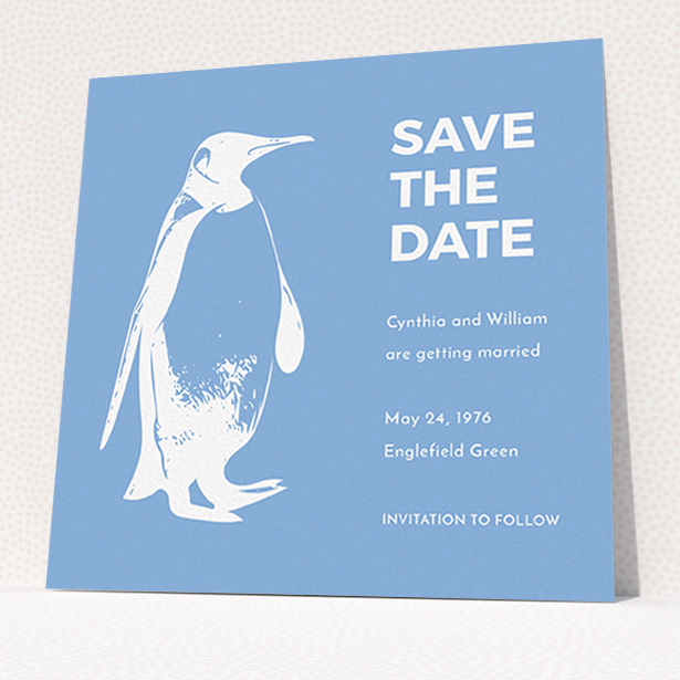 A wedding save the date card template titled "My little penguin". It is a square (148mm x 148mm) card in a square orientation. "My little penguin" is available as a flat card, with tones of blue and white.