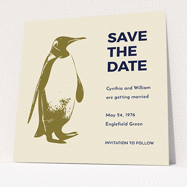 A wedding save the date card called "My little penguin". It is a square (148mm x 148mm) card in a square orientation. "My little penguin" is available as a flat card, with mainly dark cream colouring.