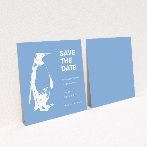 A wedding save the date card template titled "My little penguin". It is a square (148mm x 148mm) card in a square orientation. "My little penguin" is available as a flat card, with tones of blue and white.