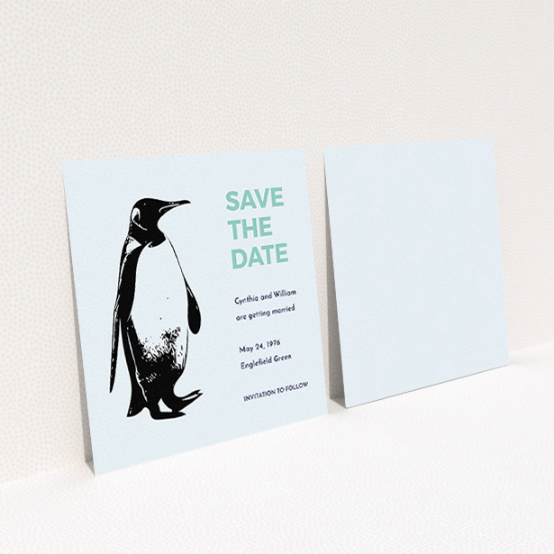 A wedding save the date card design called "My little penguin". It is a square (148mm x 148mm) card in a square orientation. "My little penguin" is available as a flat card, with tones of blue and green.