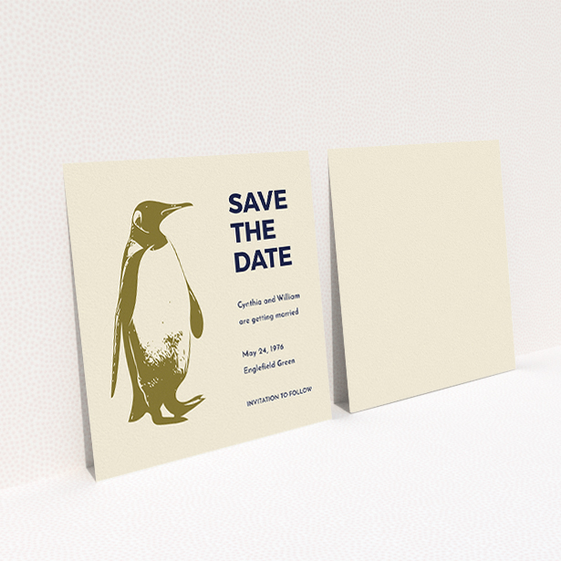 A wedding save the date card called "My little penguin". It is a square (148mm x 148mm) card in a square orientation. "My little penguin" is available as a flat card, with mainly dark cream colouring.