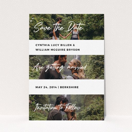 A wedding save the date card called "Newsreel". It is an A5 card in a portrait orientation. It is a photographic wedding save the date card with room for 3 photos. "Newsreel" is available as a flat card, with mainly white colouring.