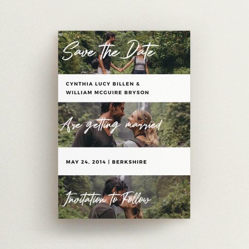 A wedding save the date card design called "Newsreel". It is an A6 card in a portrait orientation. It is a photographic wedding save the date card with room for 3 photos. "Newsreel" is available as a flat card, with mainly white colouring.