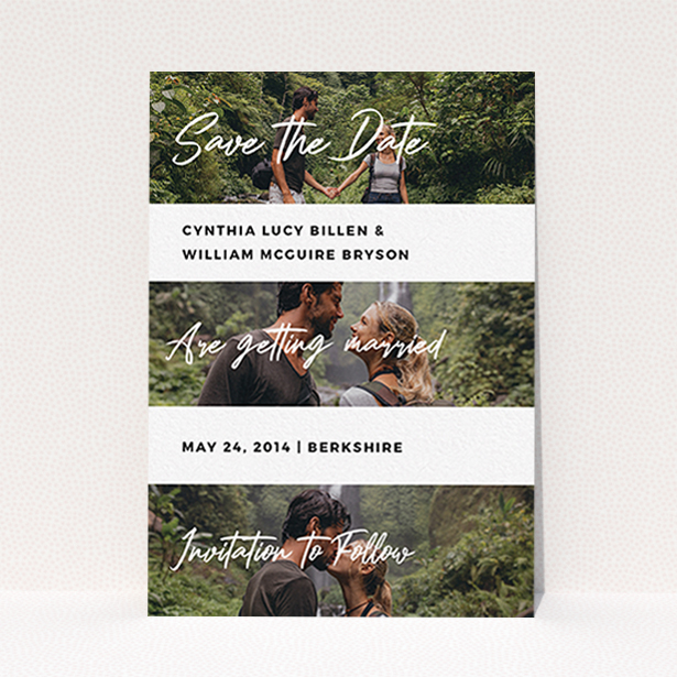 A wedding save the date card design called "Newsreel". It is an A6 card in a portrait orientation. It is a photographic wedding save the date card with room for 3 photos. "Newsreel" is available as a flat card, with mainly white colouring.