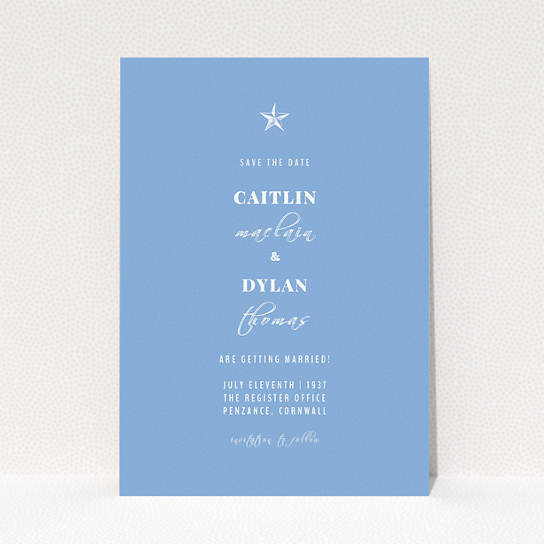 A wedding save the date card design called "North Star". It is an A5 card in a portrait orientation. "North Star" is available as a flat card, with tones of blue and white.