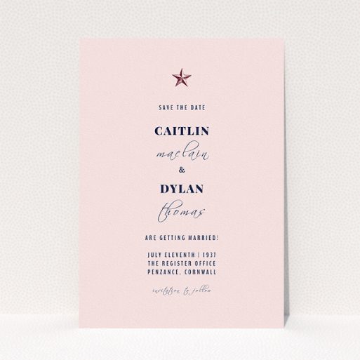 A wedding save the date card named "North Star". It is an A5 card in a portrait orientation. "North Star" is available as a flat card, with mainly pink colouring.
