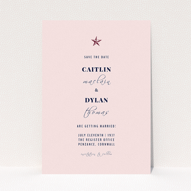 A wedding save the date card named "North Star". It is an A5 card in a portrait orientation. "North Star" is available as a flat card, with mainly pink colouring.