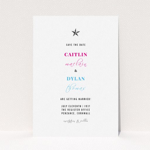 A wedding save the date card named "North Star". It is an A5 card in a portrait orientation. "North Star" is available as a flat card, with mainly white colouring.