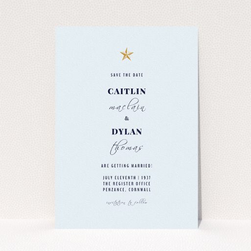 A wedding save the date card template titled "North Star". It is an A5 card in a portrait orientation. "North Star" is available as a flat card, with mainly white colouring.