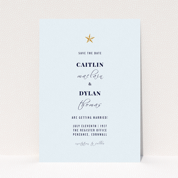 A wedding save the date card template titled "North Star". It is an A5 card in a portrait orientation. "North Star" is available as a flat card, with mainly white colouring.