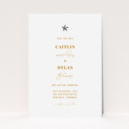 A wedding save the date card design named "North Star". It is an A5 card in a portrait orientation. "North Star" is available as a flat card, with mainly white colouring.