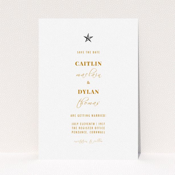A wedding save the date card design named "North Star". It is an A5 card in a portrait orientation. "North Star" is available as a flat card, with mainly white colouring.