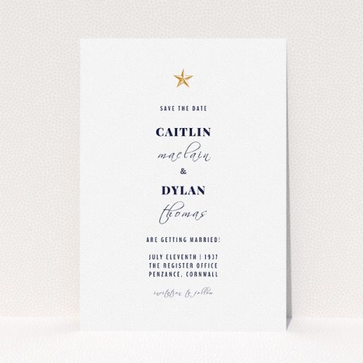 A wedding save the date card template titled "North Star". It is an A5 card in a portrait orientation. "North Star" is available as a flat card, with tones of white and gold.