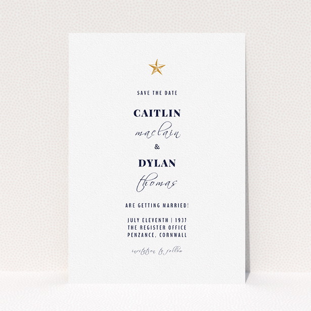 A wedding save the date card template titled "North Star". It is an A5 card in a portrait orientation. "North Star" is available as a flat card, with tones of white and gold.