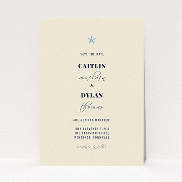 A wedding save the date card design named "North Star". It is an A6 card in a portrait orientation. "North Star" is available as a flat card, with mainly dark cream colouring.