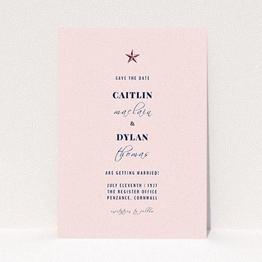 A wedding save the date card design titled "North Star". It is an A6 card in a portrait orientation. "North Star" is available as a flat card, with mainly pink colouring.