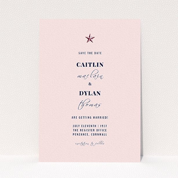 A wedding save the date card design titled "North Star". It is an A6 card in a portrait orientation. "North Star" is available as a flat card, with mainly pink colouring.