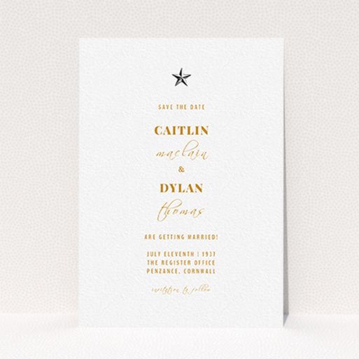 A wedding save the date card named "North Star". It is an A6 card in a portrait orientation. "North Star" is available as a flat card, with mainly white colouring.