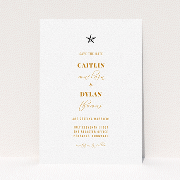 A wedding save the date card named "North Star". It is an A6 card in a portrait orientation. "North Star" is available as a flat card, with mainly white colouring.