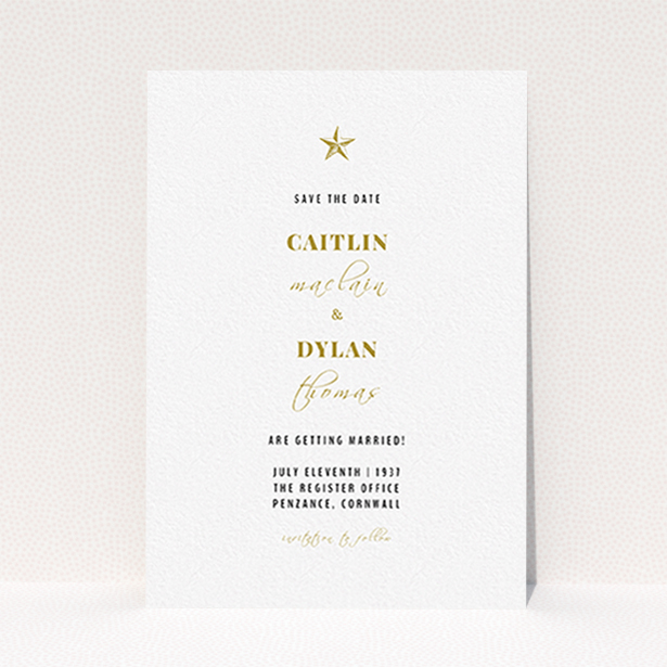 A wedding save the date card called "North Star". It is an A6 card in a portrait orientation. "North Star" is available as a flat card, with tones of white and gold.
