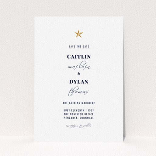 A wedding save the date card named "North Star". It is an A6 card in a portrait orientation. "North Star" is available as a flat card, with tones of white and gold.