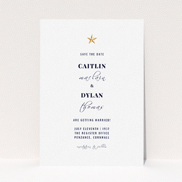 A wedding save the date card named "North Star". It is an A6 card in a portrait orientation. "North Star" is available as a flat card, with tones of white and gold.