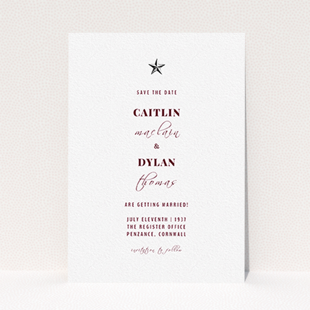 A wedding save the date card design called "North Star". It is an A6 card in a portrait orientation. "North Star" is available as a flat card, with tones of white and burgundy.