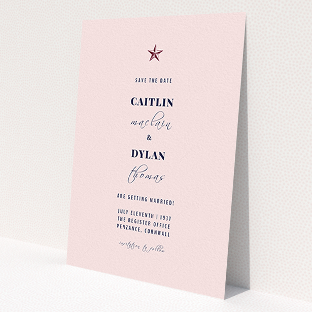 A wedding save the date card design titled 'North Star'. It is an A6 card in a portrait orientation. 'North Star' is available as a flat card, with mainly pink colouring.