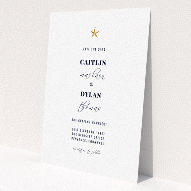 A wedding save the date card named "North Star". It is an A6 card in a portrait orientation. "North Star" is available as a flat card, with tones of white and gold.