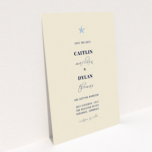 A wedding save the date card design named "North Star". It is an A6 card in a portrait orientation. "North Star" is available as a flat card, with mainly dark cream colouring.