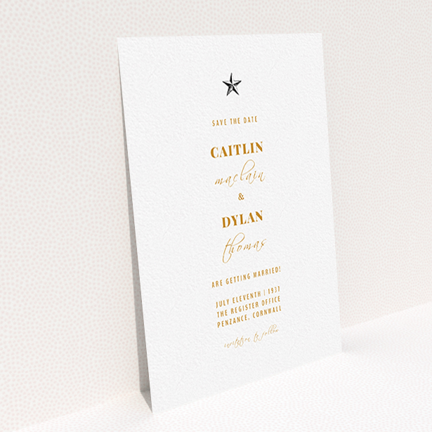 A wedding save the date card named "North Star". It is an A6 card in a portrait orientation. "North Star" is available as a flat card, with mainly white colouring.