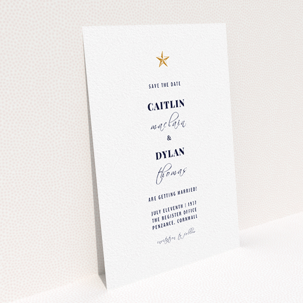 A wedding save the date card named "North Star". It is an A6 card in a portrait orientation. "North Star" is available as a flat card, with tones of white and gold.