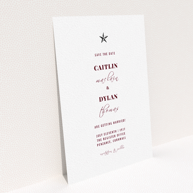 A wedding save the date card design called "North Star". It is an A6 card in a portrait orientation. "North Star" is available as a flat card, with tones of white and burgundy.