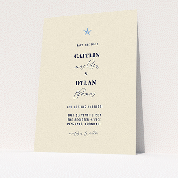 A wedding save the date card design named "North Star". It is an A6 card in a portrait orientation. "North Star" is available as a flat card, with mainly dark cream colouring.