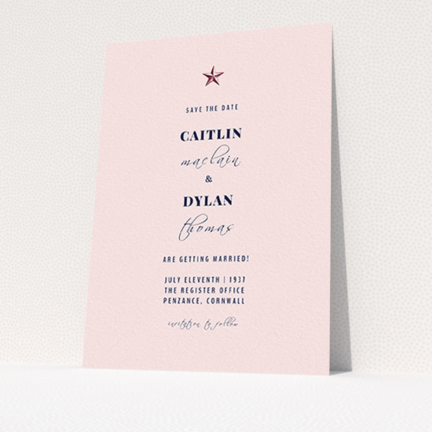 A wedding save the date card design titled "North Star". It is an A6 card in a portrait orientation. "North Star" is available as a flat card, with mainly pink colouring.