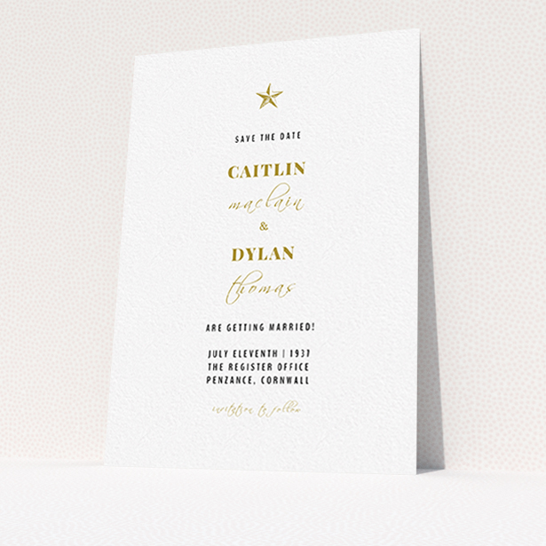A wedding save the date card called "North Star". It is an A6 card in a portrait orientation. "North Star" is available as a flat card, with tones of white and gold.