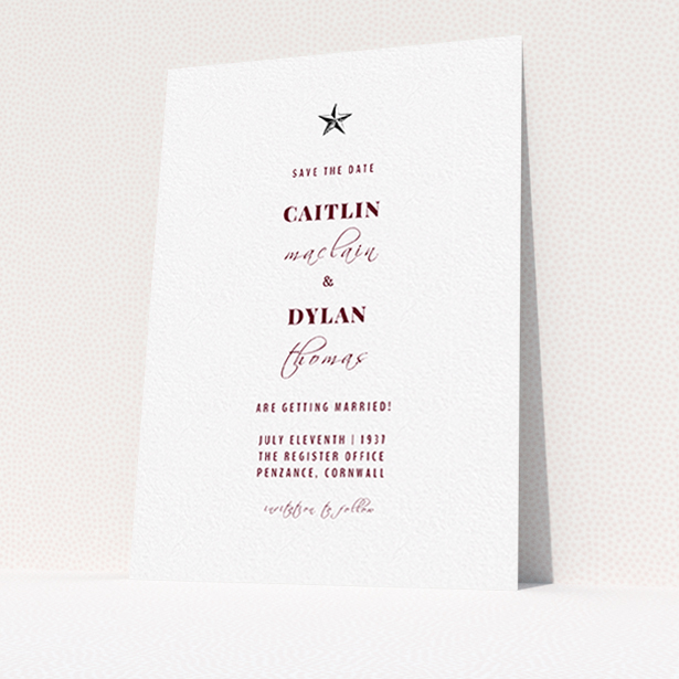 A wedding save the date card design called "North Star". It is an A6 card in a portrait orientation. "North Star" is available as a flat card, with tones of white and burgundy.