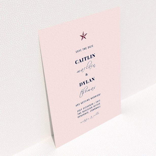 A wedding save the date card design titled "North Star". It is an A6 card in a portrait orientation. "North Star" is available as a flat card, with mainly pink colouring.