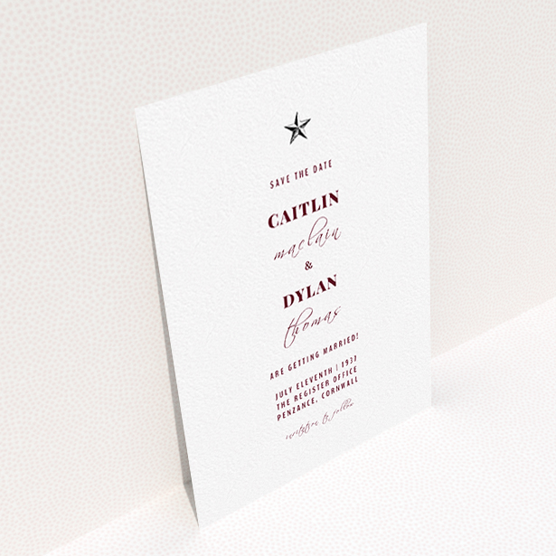 A wedding save the date card design called "North Star". It is an A6 card in a portrait orientation. "North Star" is available as a flat card, with tones of white and burgundy.