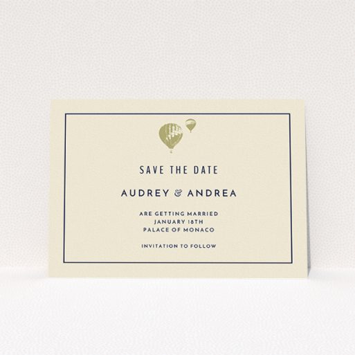 A wedding save the date card template titled "Off and away". It is an A5 card in a landscape orientation. "Off and away" is available as a flat card, with tones of cream and gold.