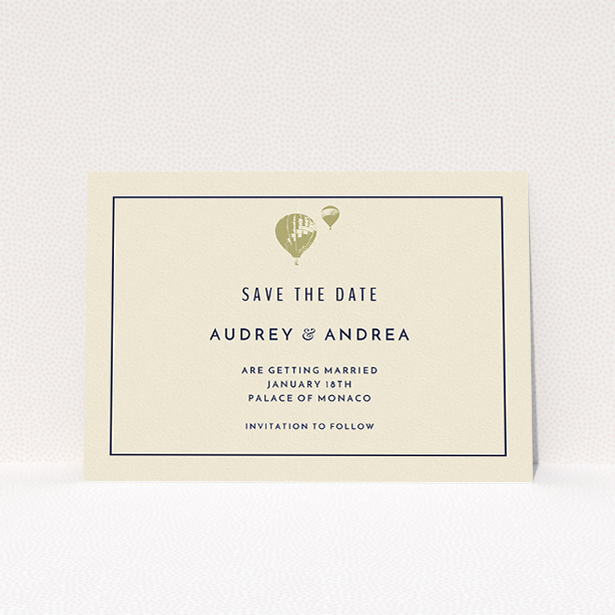 A wedding save the date card template titled "Off and away". It is an A5 card in a landscape orientation. "Off and away" is available as a flat card, with tones of cream and gold.
